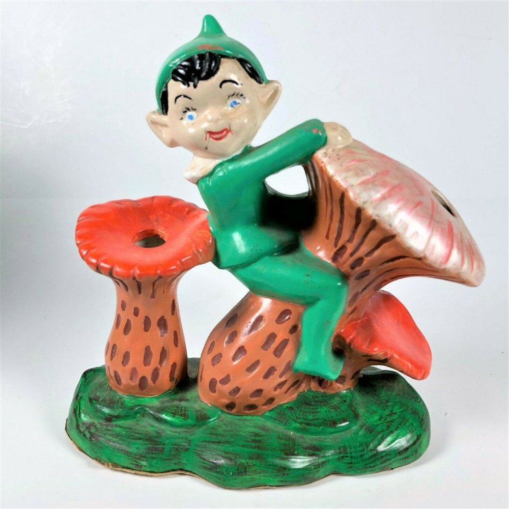 Vintage Garden Elf Pixie Sitting Riding Mushroom